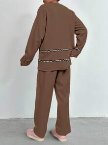 SHEIN Cottnline Solid Drop Shoulder Sweater & Knit Pants - Camel - View 2
