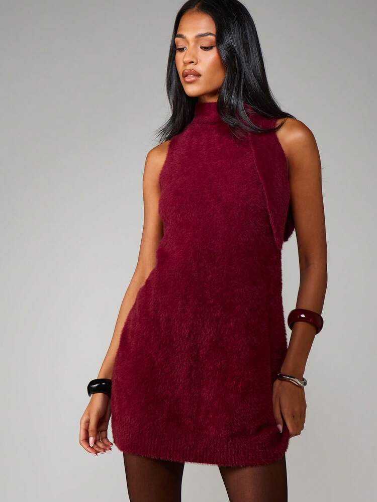 MISSGUIDED Sleeveless High Neck Mini Sweater Dress Fall Winter Fuzzy Knit Bodycon Party Evening Dress Christmas