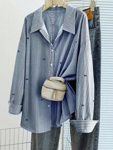GlowEve CURVE Plus Size Autumn Striped Bow Print Button Front Long Sleeve Shirt - Royal Blue - View 1