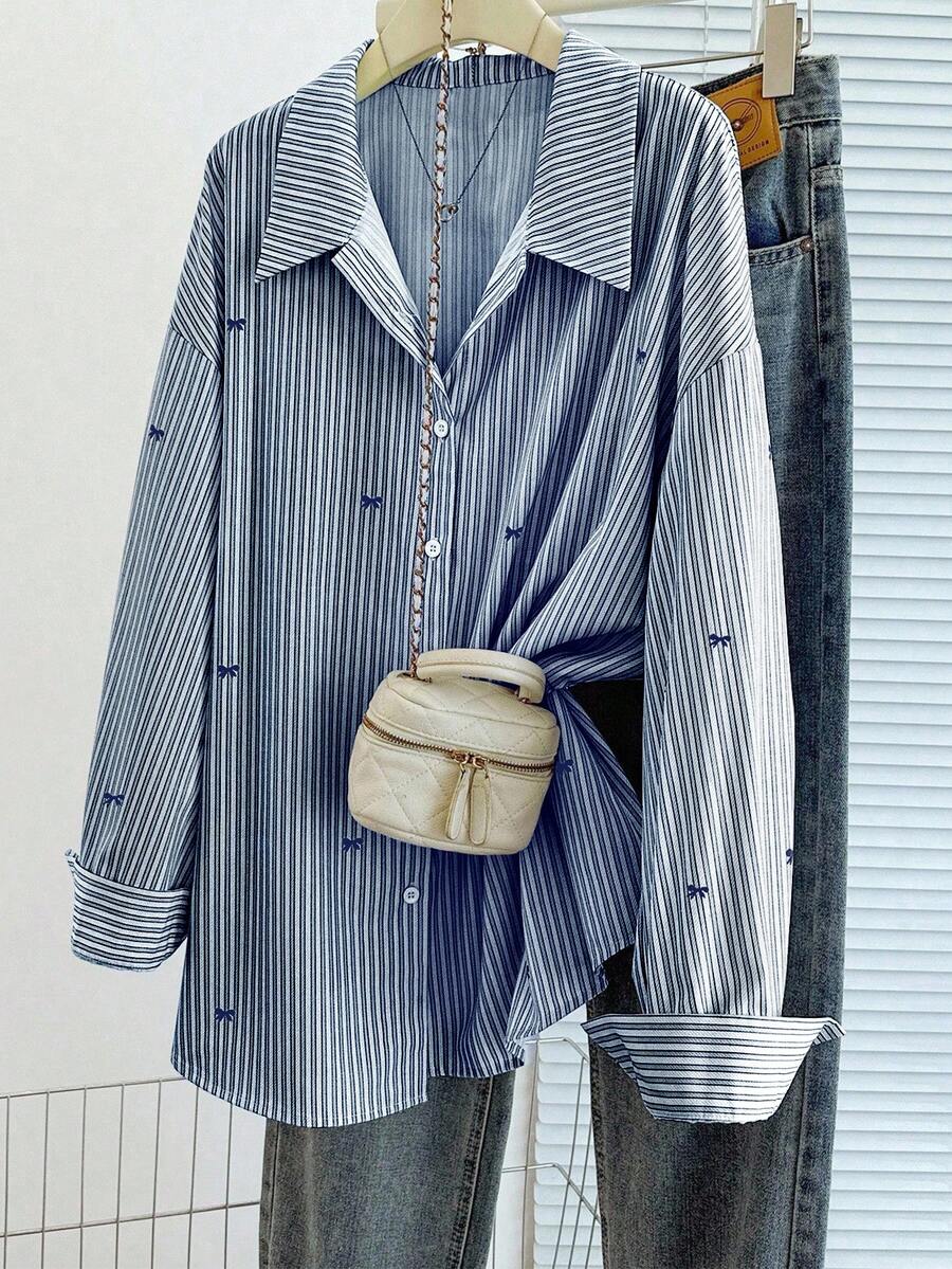 GlowEve CURVE Plus Size Autumn Striped Bow Print Button Front Long Sleeve Shirt - Royal Blue - View 1