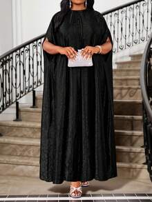 SHEIN Lady 2025新款服装春夏优雅派对鸡尾酒会演唱会/音乐节彩色编织圆领舞会礼服连体袖长袖短袖大码连衣裙秋季女装婚礼宾客礼服女 - 黑色 - 查看 7