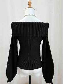 Lalippa 露肩纯色罗纹休闲长袖套头毛衣 - 黑色 - 查看 2