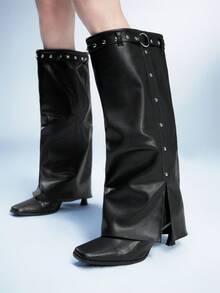 Sugerpunk Women's Round Metal Buckle Studded Decor Square Toe Stiletto Heel Tall Boots - Black - View 1