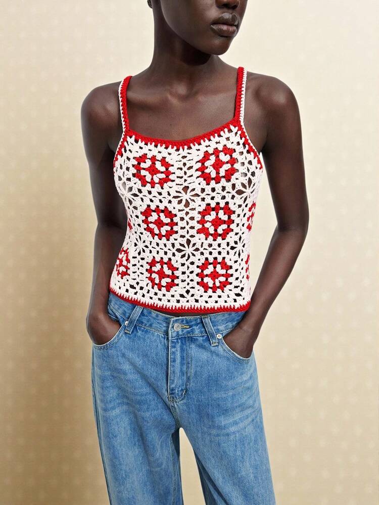 SHEIN Maija Women's Crochet Hollow Out Backless Tie Knit Camisole