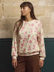 lacRébo بلوزة رياضية بيضاء كبيرة الحجم مع طباعة زهرية عتيقة ملابس نسائية للخريف، ملابس موسم الخريف