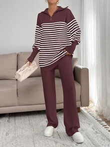 EURMUSE Women Stripe Pattern Zip Detailed Neck Drop Shoulder Pullover & Sweater Pants Set - Burgundy - View 2
