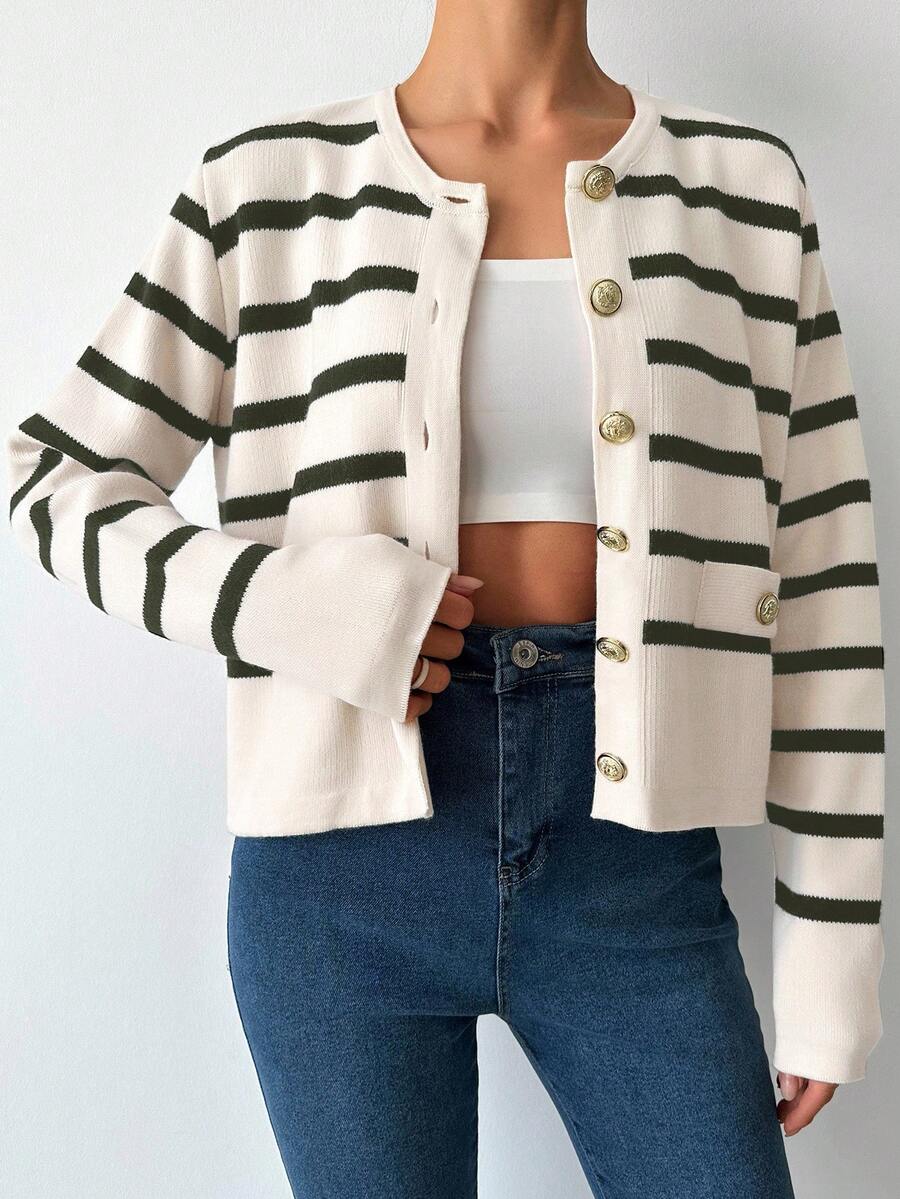 EURMUSE Off-White Pattern Button Front Cardigan Office Brunch Autumn Elegant - Multicolor - View 1