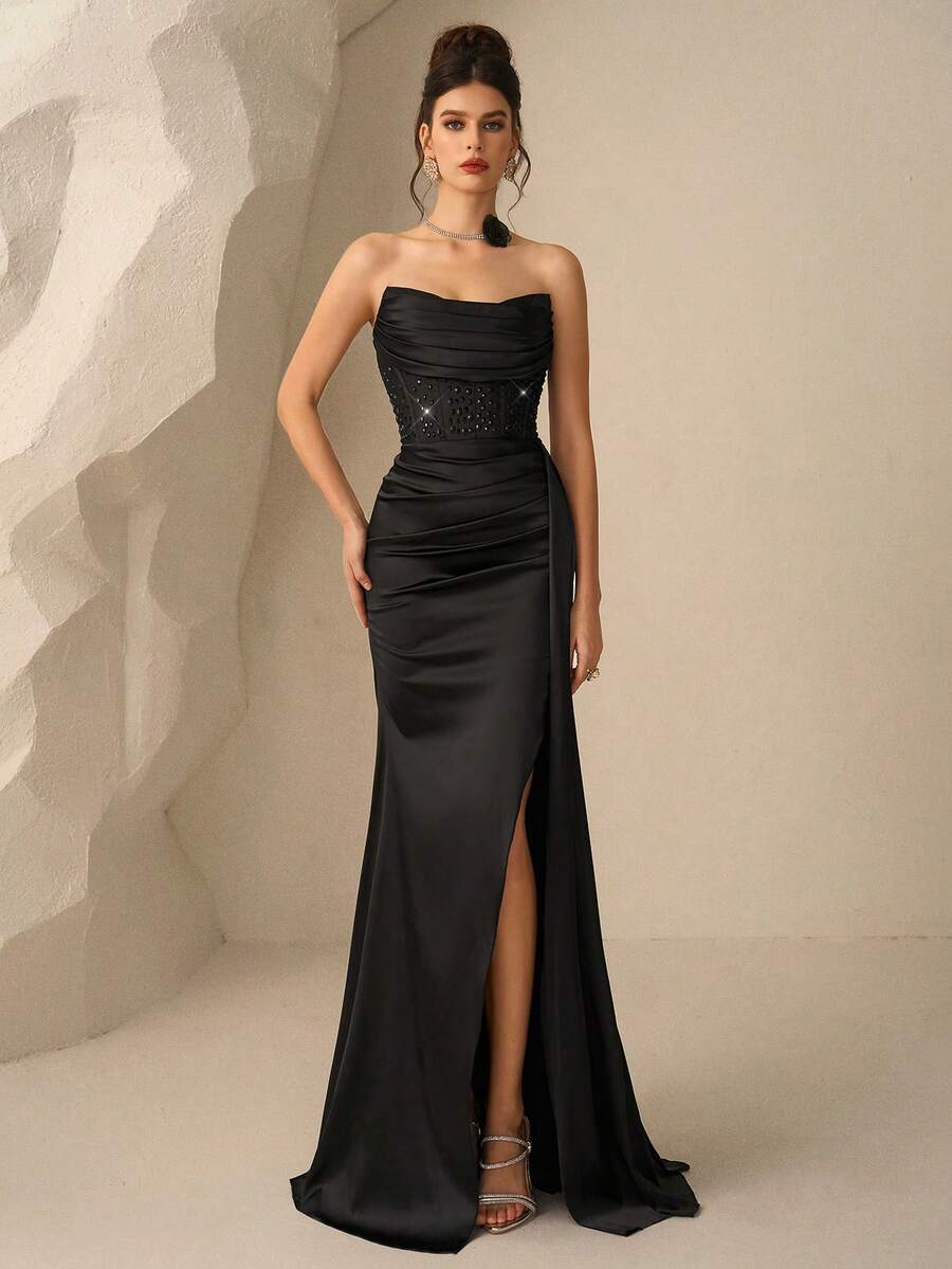 Coutiva Vestido de noche formal con pliegues y cristales enjoyados (muy enjoyado) para mujer - Negro - Ver 1