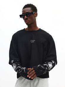 SUMWON Boxy Fit Gothic Skull Print Long Sleeve Double Layer Crew Neck T Shirt With Layered Design - Black - View 5