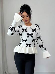 SHEIN Elenzya Suéter de mujer de cuello redondo elegante, manga larga, con lazo, estampado floral de jacquard, con puños y bajo con volantes de color contrastante, versátil para múltiples ocasiones, otoño/invierno - Blanco - Ver 3