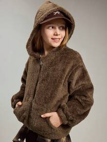 1 Áo khoác hoodie lót nhiệt cho bé gái, màu nâu, dày và ấm, thời trang cho các buổi đi chơi, mặc hàng ngày, trở lại trường - Cà phê nâu - Xem 1