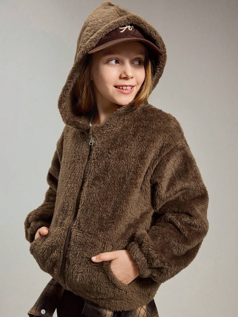 1 Áo khoác hoodie lót nhiệt cho bé gái, màu nâu, dày và ấm, thời trang cho các buổi đi chơi, mặc hàng ngày, trở lại trường - Cà phê nâu - Xem 1