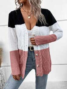 EURMUSE Women's Contrast Color Long Sleeve Single-Breasted Casual Loose Knit Cardigan,Cardigans,Petite,Tall - Rusty Rose - View 5