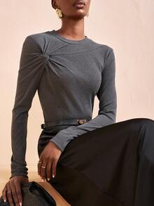 Zivah 2025 Autumn/Winter New Music Festival, Easter, St. Patrick's Day, Western, Nomadic, Birthday Party, Graduation, Basic Versatile, Casual, Vacation, Cruise Travel, Beach, Sunbathing, Viral Hit, Streetwear, Wedding Guest Boho, Commute, Brunch, Airport, Party, Holiday Outing, Elegant Banquet Crew Neck Long Sleeve Top - Grey - View 7