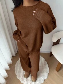 Flirla 2pcs Women Casual Solid Color Round Neck Long Sleeve Loose Knit Pullover Sweater Set - Brown - View 3