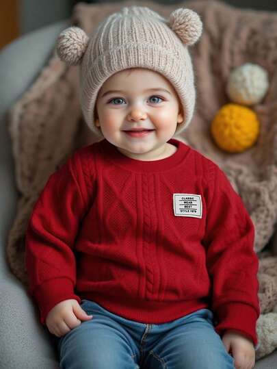 SHEIN Playful Pals 1 st babypojke casual bokstavsapplikation stickad diamant jacquardmönster rund halsad tröja, bekväma vardagskläder, höst/vinter. Familjematchande outfits mamma och jag (3 stycken säljs separat)