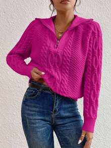 SHEIN Cottnline Casual Solid Color Raglan Sleeve Sweater, Autumn/Winter - Hot Pink - View 6