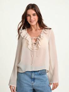 CAJUNI BLUSA HOLGADA CON CUELLO DE VOLANTES - BEIGE - Crema - Ver 7