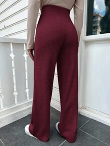 SHEIN Cottnline Solid Wide Leg Knit Pants - Burgundy - View 2
