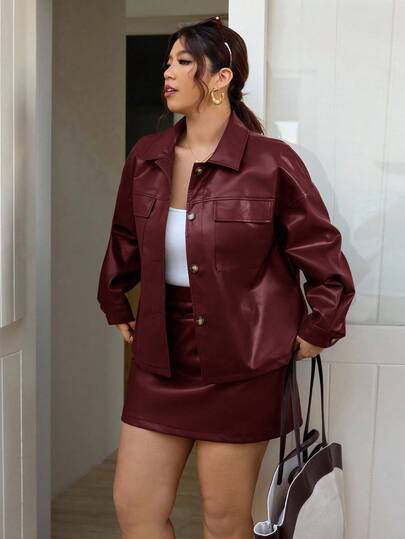 Lounesse Conjunto de 2 piezas de chaqueta y falda de PU para mujer de talla grande, de moda