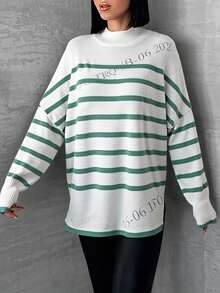 SHEIN Cottnline Women's Striped Drop Shoulder Sweater - Mint Green - View 4