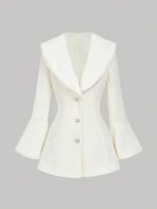 SHEIN MOD 女士优雅大衣，毛领喇叭袖，腰部收紧设计，适合冬季、秋冬季、新年、派对、圣诞节等场合，尽显优雅气质，喇叭袖设计，时尚秋季新款女装，法式度假风，露台休闲，魅力四射，下午茶优雅装扮，时尚秋季新款女装，黑色半身裙 - 杏色 - 查看 5