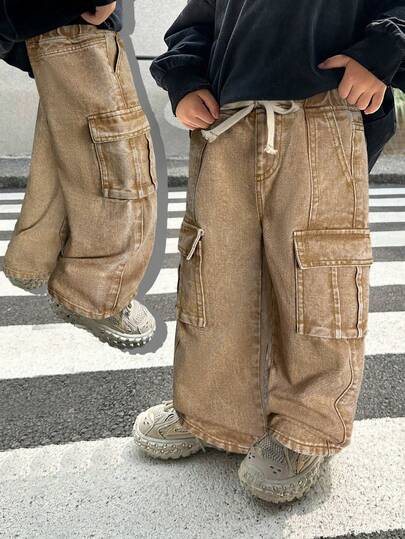 SHEIN Little Byeori Young Boy Distressed Street Cool Style Khaki Denim Drawstring Waist Loose Fit Cargo Jeans,Casual And Versatile Fall/Winter Dailywear And Streetwear,Halloween And Christmas,New Year,Thanksgiving, Street Jeans