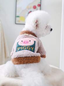 PETSIN 1件宠物秋冬服装，可爱刺绣猪卡通图案猫狗衣服，秋冬季加厚保暖开衫外套 - 粉豬 - 查看 1