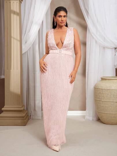 VOLUPTÉ CURVE Plus Size Autumn Winter Solid Pink Velvet Touch Fringe Fabric Deep V Sleeveless Belted Metal Buckle Long Slim Bodycon Evening Dress For Dinner, Annual Party, Holiday Gathering, Birthday Party And Date Night