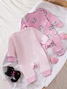 2 件套新生女婴可爱兔子卡通印花长袖连体衣套装，粉色 - 彩色 - 查看 2