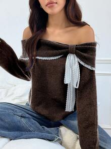 Flirla 女式露肩休闲可爱撞色蕾丝短款毛衣 - 咖啡棕 - 查看 5