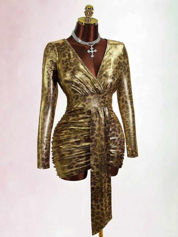 BamGleam 时尚性感豹纹金属紧身迷你连衣裙