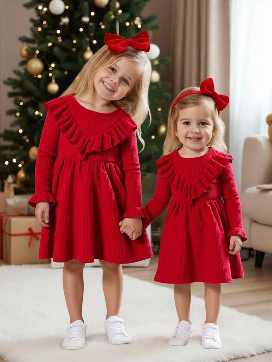 SHEIN Young Girl Solid Color Round Neck Ruffle Hem Casual Knit Dress - Red - View 1