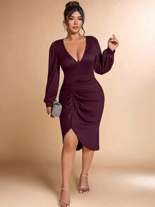 Cravure Plus Size Elegant Solid Color V-Neck Ruched Asymmetric Hem Dress, Autumn - Burgundy - View 8