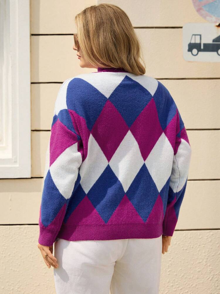 Plus Size Women Colorblock Turtleneck Diamond Pattern Long Sleeve Pullover Sweater/Winter,New Year Clothes