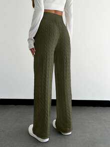 EURMUSE Solid Color Twist Knit Elastic Waist Casual Versatile Straight Leg Sweater Pants - Army Green - View 2