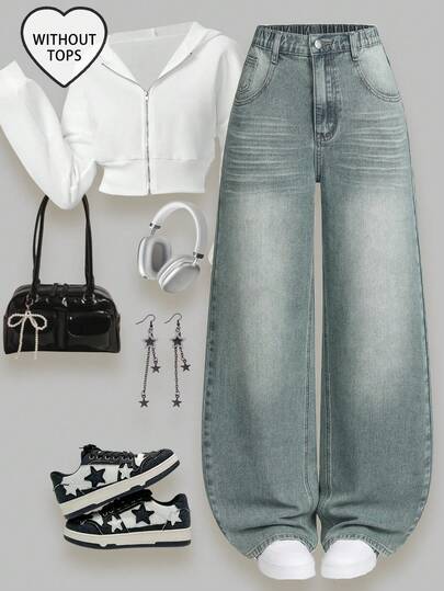 少女牛仔裤 2025 秋冬新款少女复古浅蓝色直筒牛仔裤，宽松版型，做旧，腰部宽松，舒适，时尚街头服饰，Y2K 复古风格，适合日常穿着、上学、通勤、派对、居家、万圣节