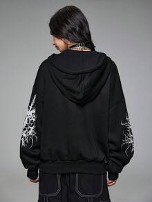 ROMWE Grunge Punk 女式休闲朋克圣母玛利亚与荆棘印花抽绳连帽羊毛运动衫，秋冬 - 黑色 - 查看 5