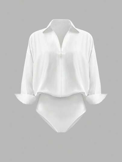 INAWLY Women's Daily Casual Solid Color Minimalist Long Sleeve White Shirt Bodysuit