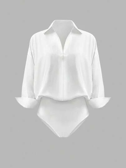 INAWLY Women's Daily Casual Solid Color Minimalist Long Sleeve White Shirt Bodysuit