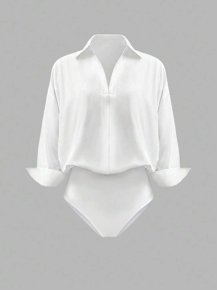 Cévolie Body à manches longues blanc minimaliste de couleur unie pour usage quotidien et décontracté pour femmes