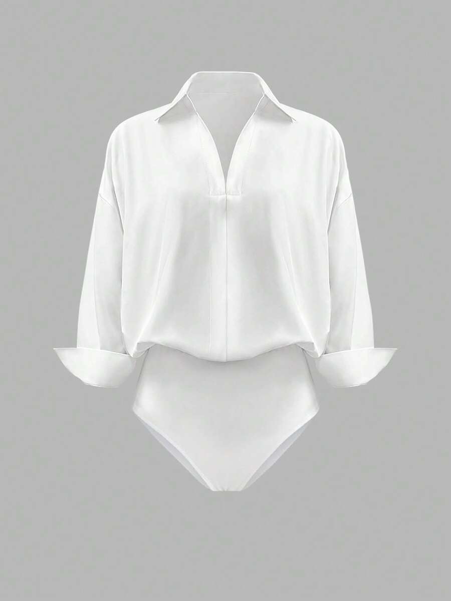 INAWLY Women's Daily Casual Solid Color Minimalist Long Sleeve White Shirt Bodysuit