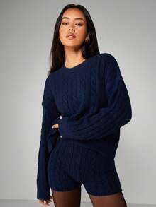 MISSGUIDED Conjunto de suéter de punto de cable y pantalones cortos a juego, ropa de estar en casa de invierno - Azul Marino - Ver 4