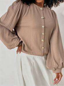 Vionelle Felpa casual ed elegante con collo tondo e maniche lunghe, adatta per l'autunno/inverno, per donne taglie forti - Cachi - Visualizzare 4