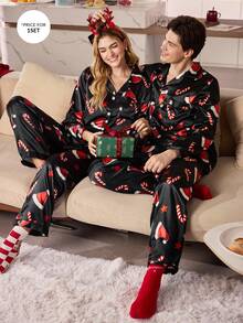 Manfinity CoupledUp Weihnachtsthema Muster Schwarz Faux Seide Stil Herren Oberteil & Hose Pyjama Set Herbst Winter Kleidung