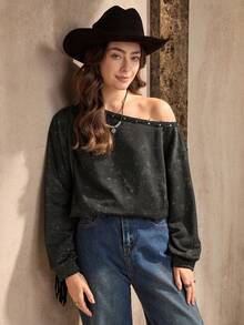 Wildy Women's Dark Grey Autumn Grunge Sweatshirt,Loose Fit Asymmetrical Neck Rivet Detail Graphic Streetwear,Casual Winter Long Sleeve Night Out Tops - Black - View 6