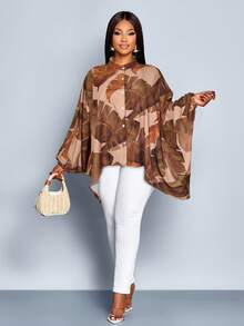 SOLERSUN Damen Große Größen Tropical Muster Neue Einreihige Kurze Bluse mit Fledermausärmeln für Urlaub und Alltag