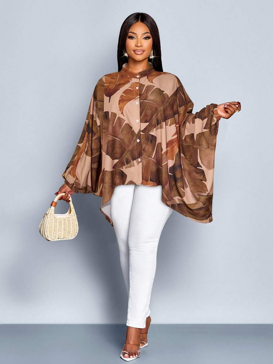 SOLERSUN Damen Große Größen Tropical Muster Neue Einreihige Kurze Bluse mit Fledermausärmeln für Urlaub und Alltag