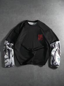 PAVTROS T-shirt à manches longues casual pour hommes avec imprimé patchwork bicolore, automne