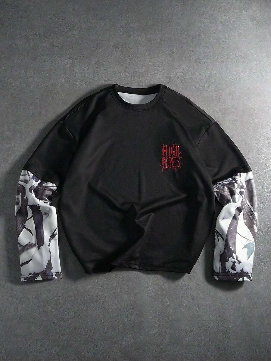 PAVTROS T-shirt à manches longues casual pour hommes avec imprimé patchwork bicolore, automne